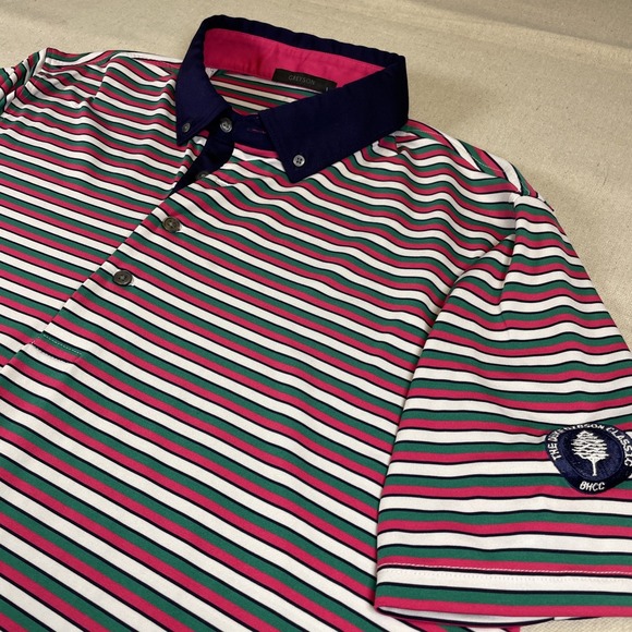 Greyson Polo Shirt Mens Large Pink Green Striped Golf Performance Short Preppy - Picture 1 of 9